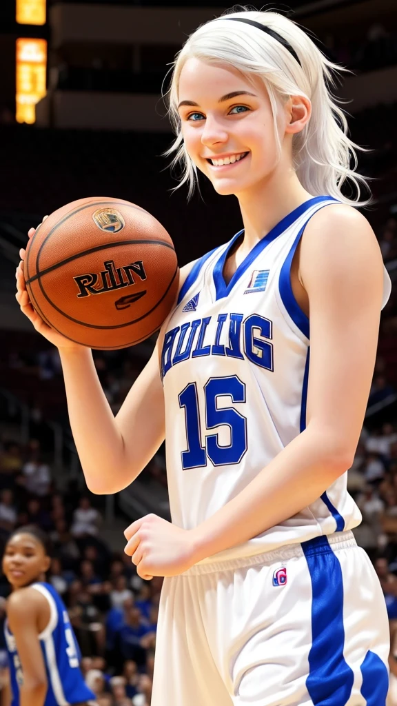 Basketball player, 16 year old girl with white hair, white skin and blue eyes, smiling