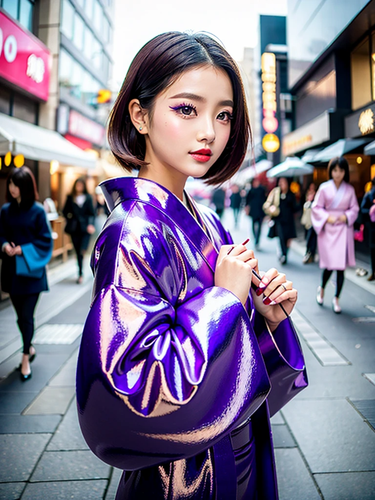 high quality, high resolution, Scenery of the city,Lots of girls,She is wearing a long-sleeved kimono made of super shiny enamel fabric.,The girls in the background are all dressed the same.,Heavy brainwashing makeup,purple mascara,Purple Eyeshadow,Shiny red lipstick