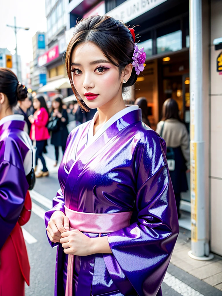 high quality, high resolution, Scenery of the city,Lots of girls,She is wearing a long-sleeved kimono made of super shiny enamel fabric.,The girls in the background are all dressed the same.,Heavy brainwashing makeup,purple mascara,Purple Eyeshadow,Shiny red lipstick