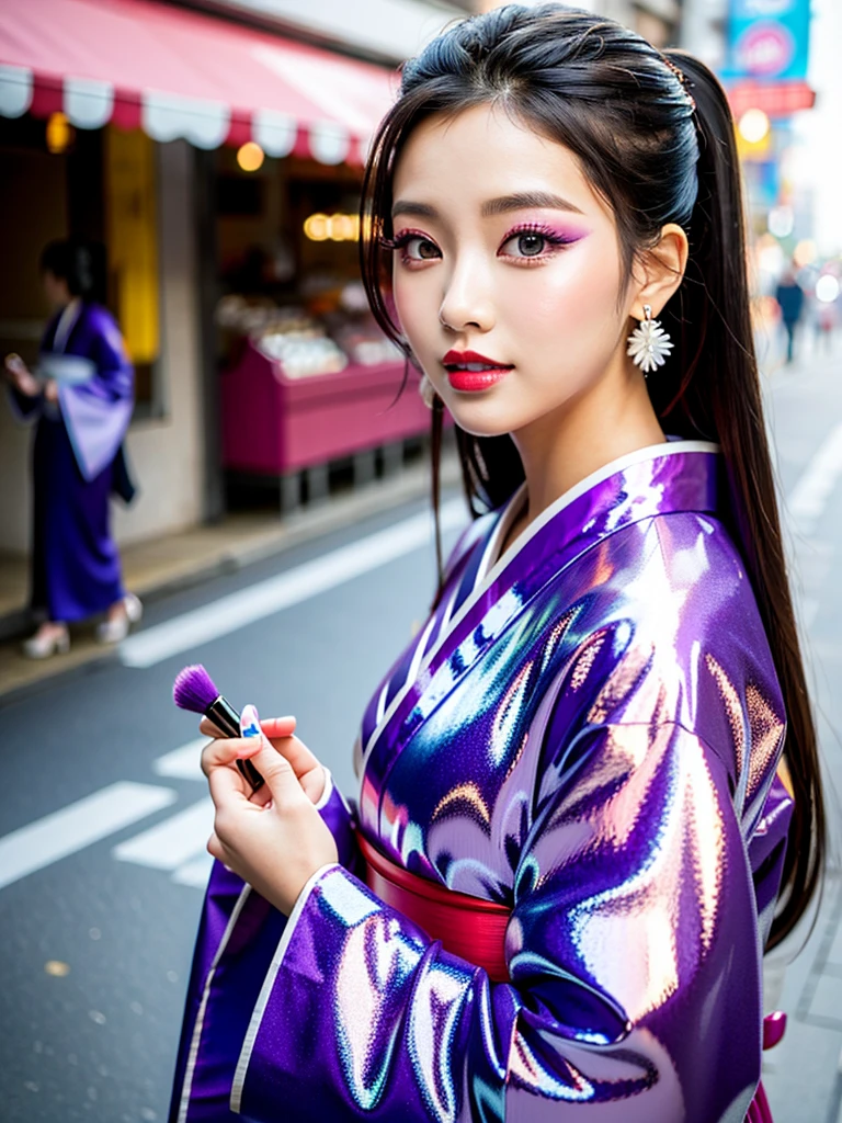 high quality, high resolution, Scenery of the city,Lots of girls,She is wearing a long-sleeved kimono made of super shiny enamel fabric.,The girls in the background are all dressed the same.,Heavy brainwashing makeup,purple mascara,Purple Eyeshadow,Shiny red lipstick