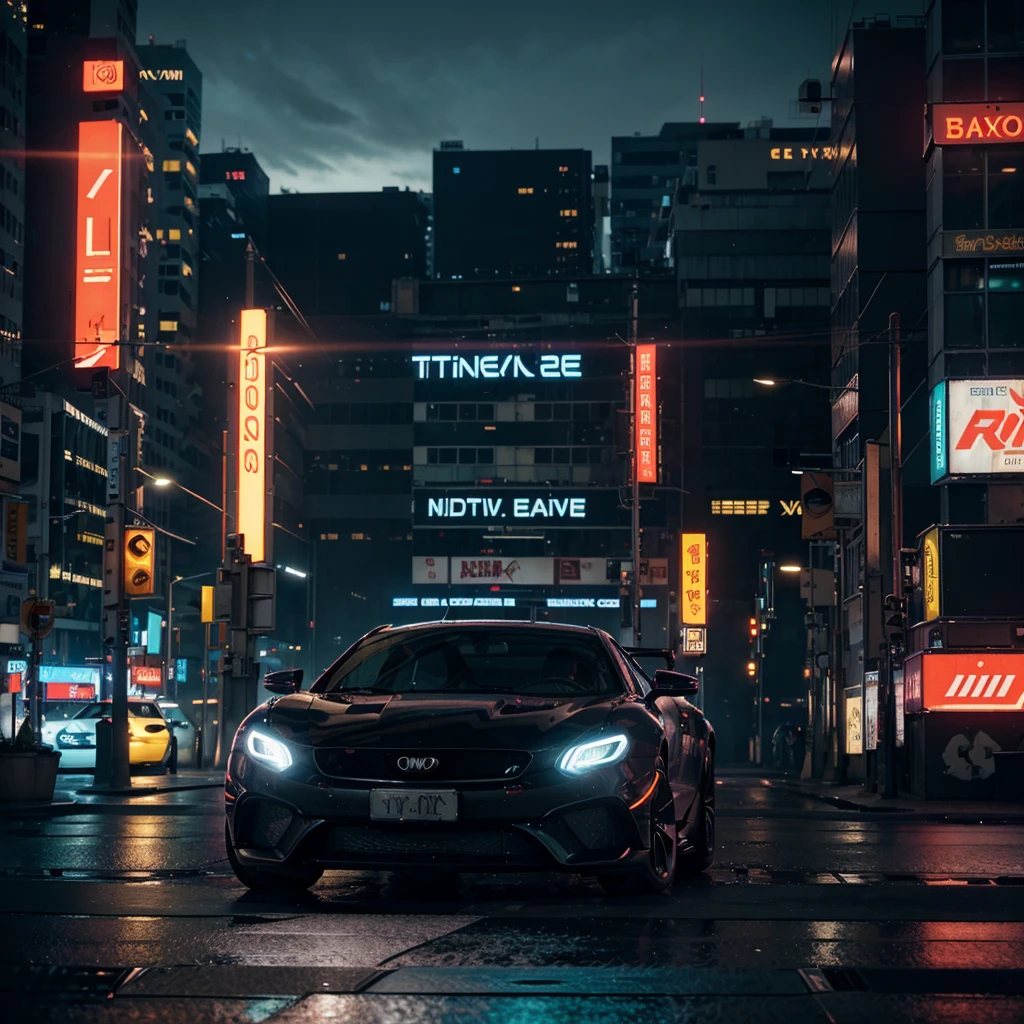 "Create an ultra-high-quality, cinematic image of a sleek, futuristic car (or any vehicle of your choice) in a cyberpunk setting. The scene should be set late at night in a neon-lit cityscape, featuring vibrant violet neon lights and effects. The vehicle should have a glossy, reflective surface that catches the neon lights beautifully. Include details like rain-soaked streets, glowing signs in various languages, and towering buildings with digital billboards. The overall mood should be dark yet vivid, with a mix of shadows and bright neon hues, creating a striking contrast. Emphasize the vehicle as the focal point, ensuring it stands out against the intricate urban background.", cinematic, 3d render