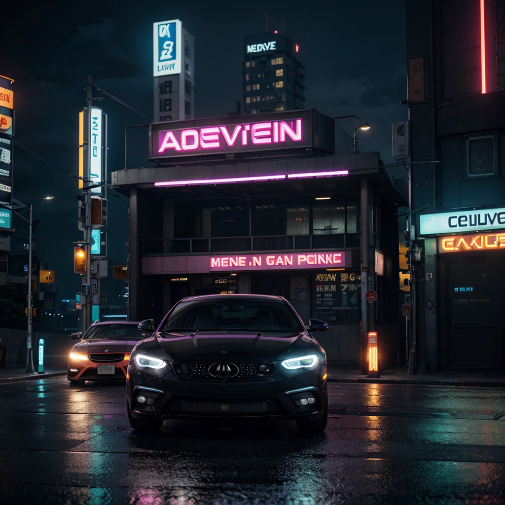 "Create an ultra-high-quality, cinematic image of a sleek, futuristic car (or any vehicle of your choice) in a cyberpunk setting. The scene should be set late at night in a neon-lit cityscape, featuring vibrant violet neon lights and effects. The vehicle should have a glossy, reflective surface that catches the neon lights beautifully. Include details like rain-soaked streets, glowing signs in various languages, and towering buildings with digital billboards. The overall mood should be dark yet vivid, with a mix of shadows and bright neon hues, creating a striking contrast. Emphasize the vehicle as the focal point, ensuring it stands out against the intricate urban background.", cinematic, 3d render