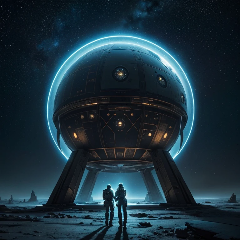 (Space War), sci-fi style, elite teams are guarding legendary relics in a harsh planetary environment. The relics under the starry sky shine brightly, and enemy details are visible. The background is a low-pressure planet surface, (panoramic view), award-winning, cinematic still, emotional, vignette, dynamic, vivid, (masterpiece, best quality, Professional, perfect composition, very aesthetic, absurdres, ultra-detailed, intricate details:1.3)
