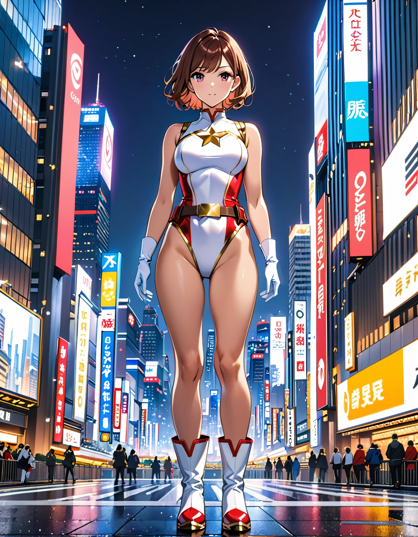 (masterpiece), (best quality), (high res), medium breasts, ((leotard, white and red leotard, matching leotard, sleeveless, bare legs)), ((tight belt, gold belt)), ((boots, matching boots, ankle-high boots, white boots)), ((gloves, white gloves)), city backdrop, tokyo city backdrop, solo, solo focus, standing, (full body), cowboy shot, superhero, ((beautiful detailed eyes)), ((gold star symbol on chest)), (brown hair, medium hair, bob hair, purple eyes), (perfect hands, perfect anatomy), cowboy shot, superhero, ((beautiful detailed eyes)), full body costume design.