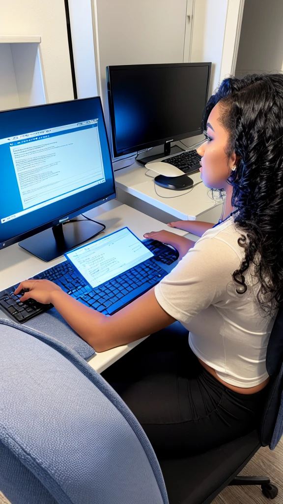 computer room, young woman playing on the computer, transparent clothes, curly hair.