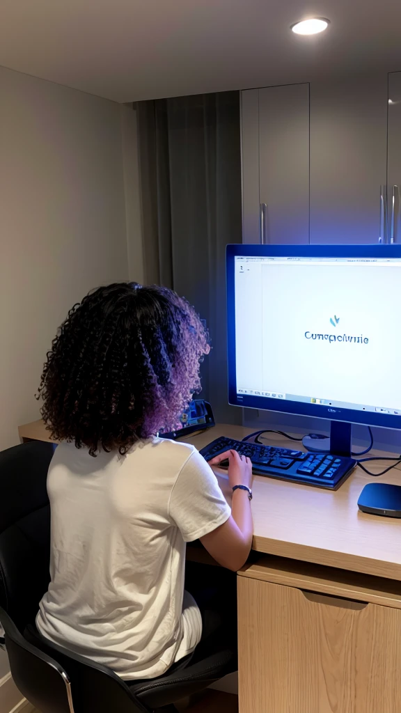 computer room, young woman playing on the computer, transparent clothes, curly hair.