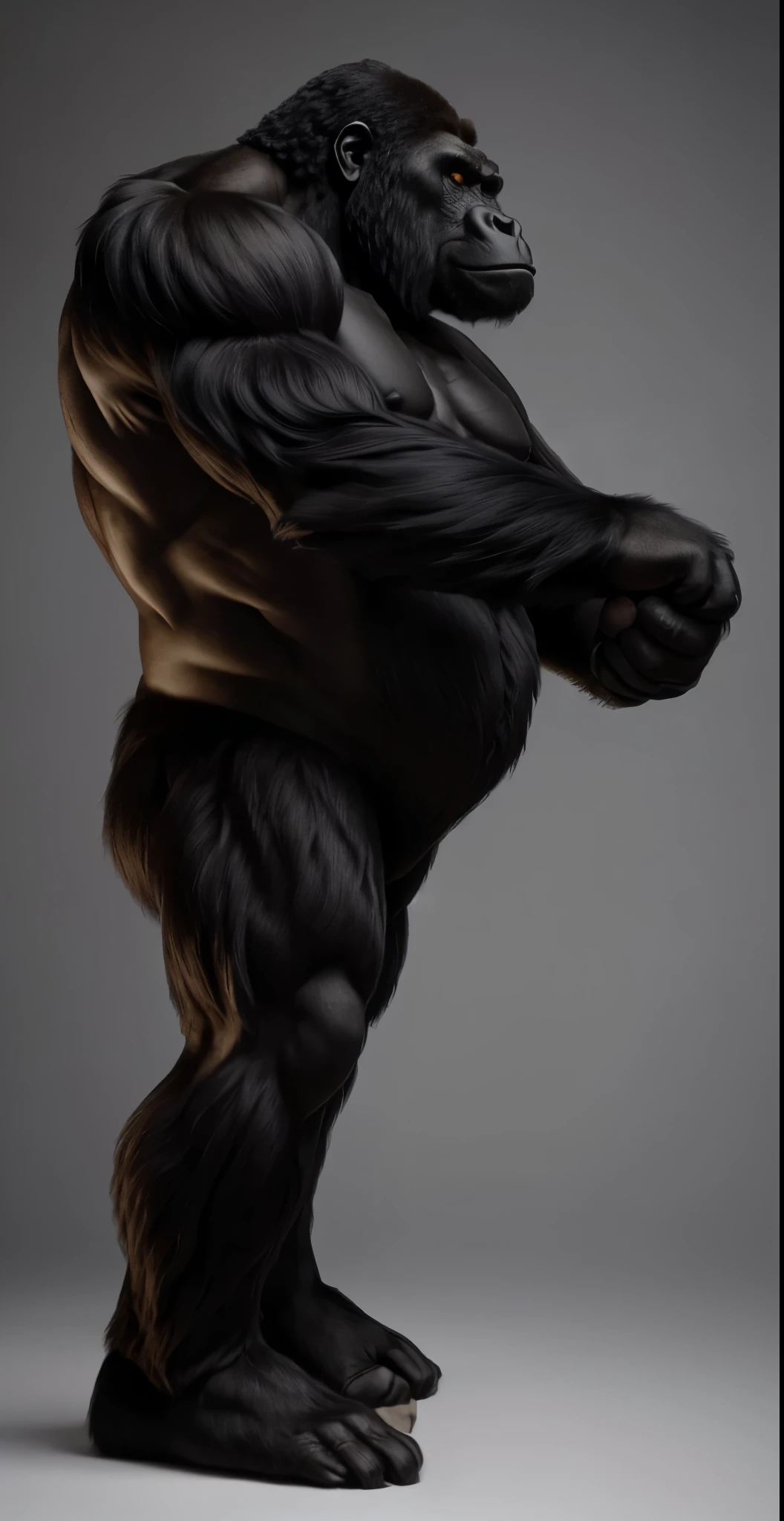 arafed gorilla standing on its hind legs with a white background, black hair gorilla, distant full body view, bigfoot, big foot, full body wide shot, whole body highly detailed, like gorilla, sasquatch,muscular, strong body, full body profile, 1/2 view realistic, full body shot hyperdetailed, highly detailed full body, ( sasquatch, full body close-up shot
