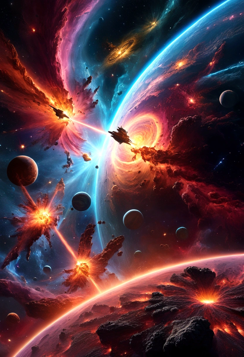 a massive space battle between two colossal celestial entities,cinematic dramatic lighting,epic scale,highly detailed,intricate cosmic environment,glowing energy effects,dramatic poses,explosive action,shimmering nebulas,swirling cosmic dust clouds,brilliant vivid colors,cinematic camera angle,dynamic camera movement,awe-inspiring scale,photorealistic,8k,best quality
