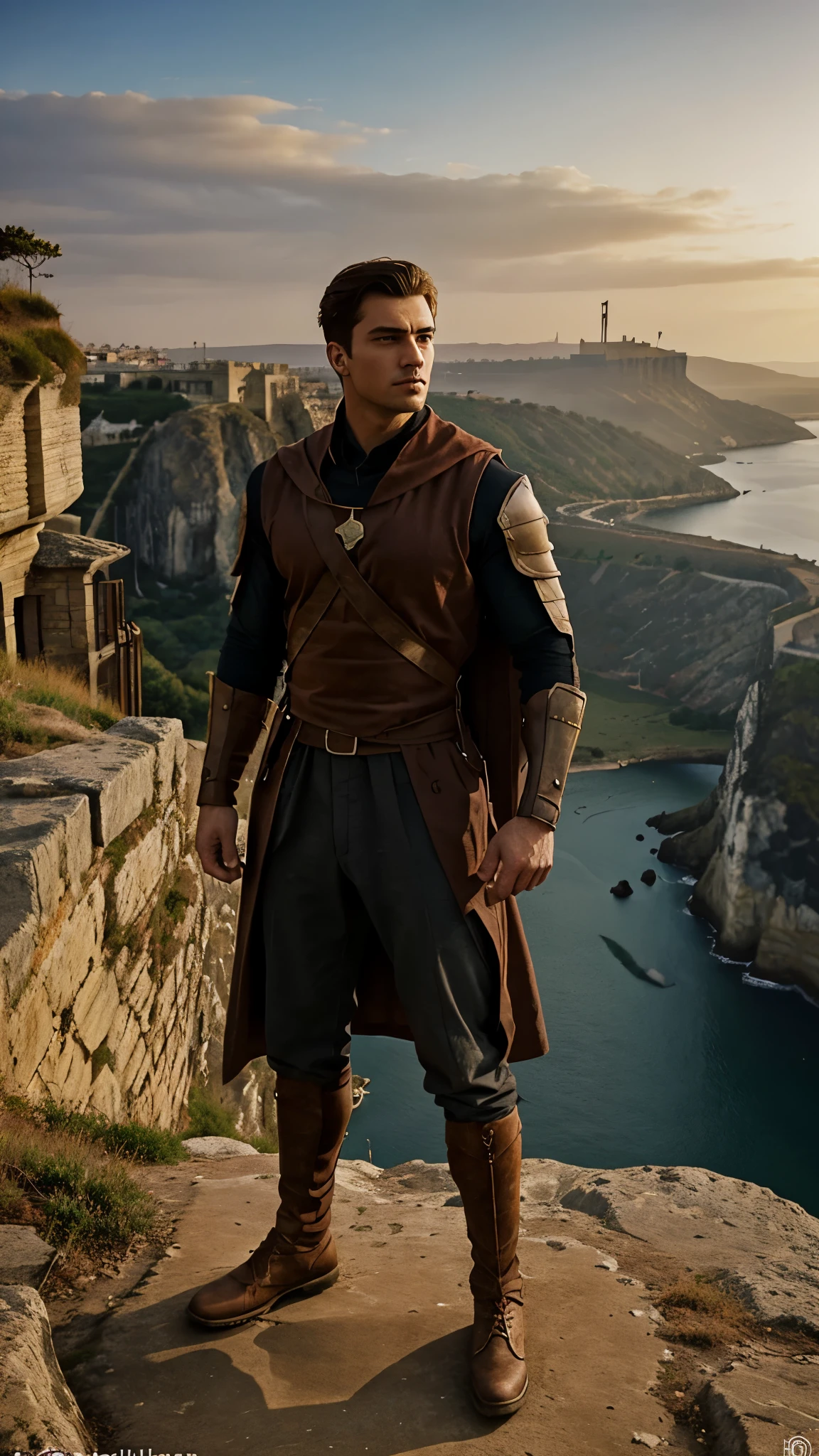 Draw a poster of a male hero standing on a cliff against the backdrop of a majestic medieval city