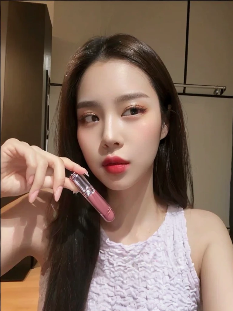 there is a woman holding a lipstick in her hand and a brush in her mouth, lipgloss, 18 yo, 8k selfie photograph, popular south korean makeup, putting on lipgloss, popular korean makeup, full glossy lips, Don't change anything about lipgloss and text