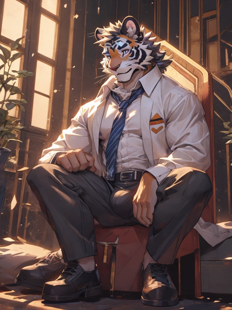 {{bara extremely handsome white tiger,}} {{white fur,}} white, wearing military like purple trench coat, purple trousers, white dress shirt and necktie, white fluffy furry body and limbs, loafers, very tall, very broad shoulders, narrow waist, muscular arms, massive pecs, purple eyes, very long legs,  sitting on swivel chair with legs spread, massive bulge, reading file, sophisticated hot look, full body, sunlight casting over, 3/4 view, best quality, high quality, silver earring on left ear, sultry smirk