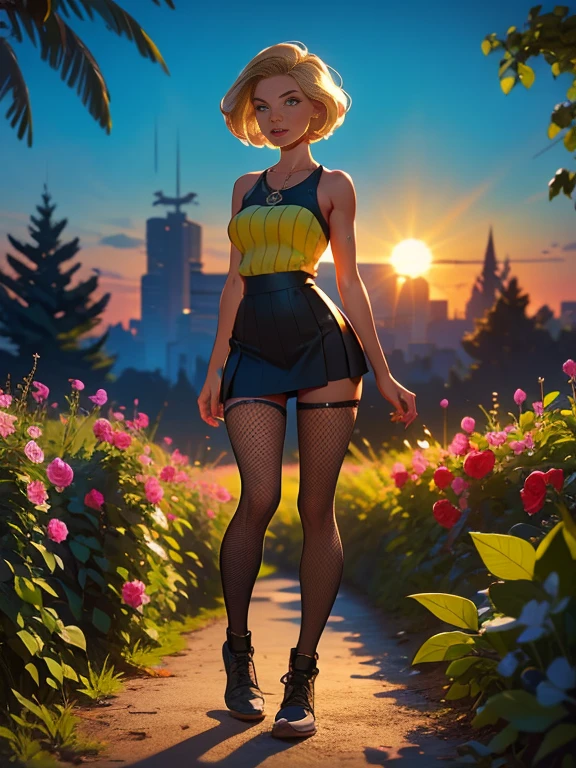 2076 year. The Urban Ruins of the Wasteland, Female huntress picking fruit in the garden, beautiful face, blonde, Black mini skirt with a striped top, fishnet tights, and creepers ,  long legs, sweating through, sun rising, Nice warm colors, head to toe, full body shot, pretty hands, perfect fingers,