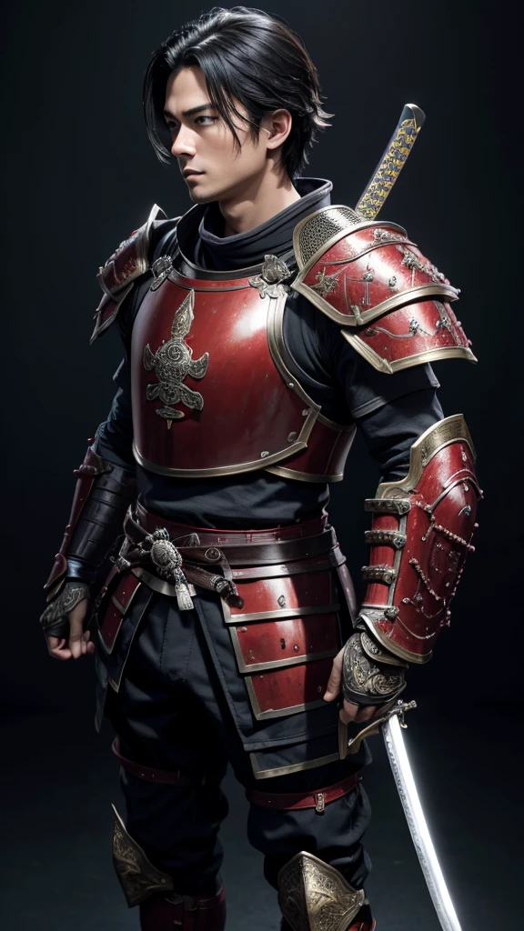 (((best quality))), (((ultra-detailed))), masterpiece, 8k, HD quality, add Details, 1boy, armor, full body armor, red armor, black hair, blue eyes, shoulder pads, samurai ((weapon)), masterpiece, best quality,  highres, looking at viewer, full body, wide view,long shoot, standing, extremely detailed armor, intricate details, ultraquality, black background.