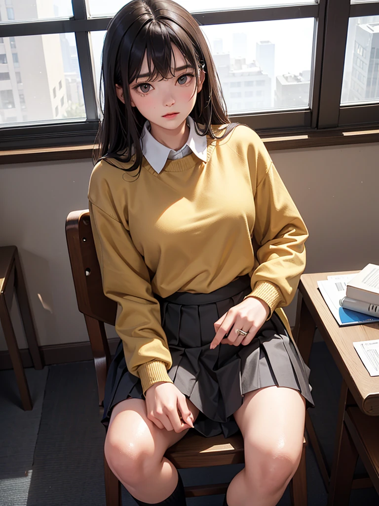 A high, 17 years old, form: Dark yellow sweater, beige blouse, dark brown miniskirt with white lines and pleats, dark grey socks,), in a room, on a chair, near the window, in winter, fogged glass, the young lady riding on the man's hip passionately kissing, 21 years old, /(formal suit, rings on fingers,), on top of the man riding him, frontal focus,