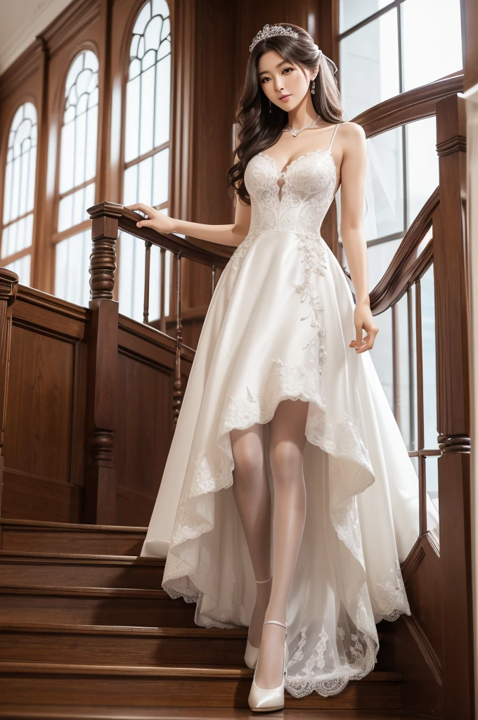 (8K,tmasterpiece,RAW photos,best qualtiy,the detail:1.2),Korean female model，Height 175 cm，perfect bodies，Long legs，wavy and long hair，Standing on wooden stairs in wedding dress and high heels, Wearing a wedding dress, long wedding dress, full - length view, fantasy long intricate gown, an elegant woman in white wedding dress, full lenght shot, sophisticated dress，((Pantyhose)),Ray tracing，Full body portrait