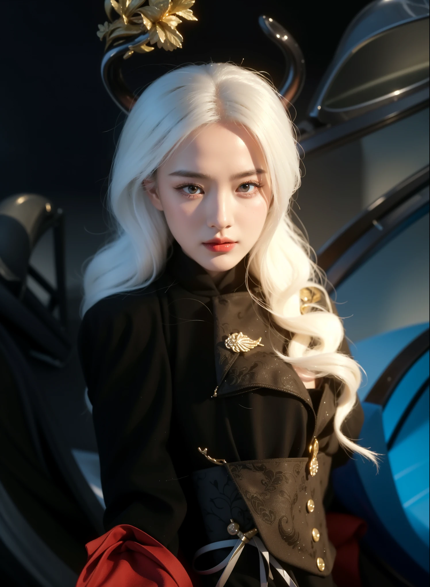 Realistic style,8K picture quality,Very detailed, Delicate face, Realistic style的照片, Stock Photography , rich and colorful, Surreal, Realistic textures, Dramatic Lighting, Distiller 800 (8K, original photo, Better quality, masterpiece: 1.2), Very detailed, (Extremely delicate skin: 1.2), 8K Ultra HD, SLR camera, Soft Light, high quality, 冰冻Queen, Queen, snow castle,Blue pupils,Apply red lipstick,Very delicate tattoo design,Jewelry,