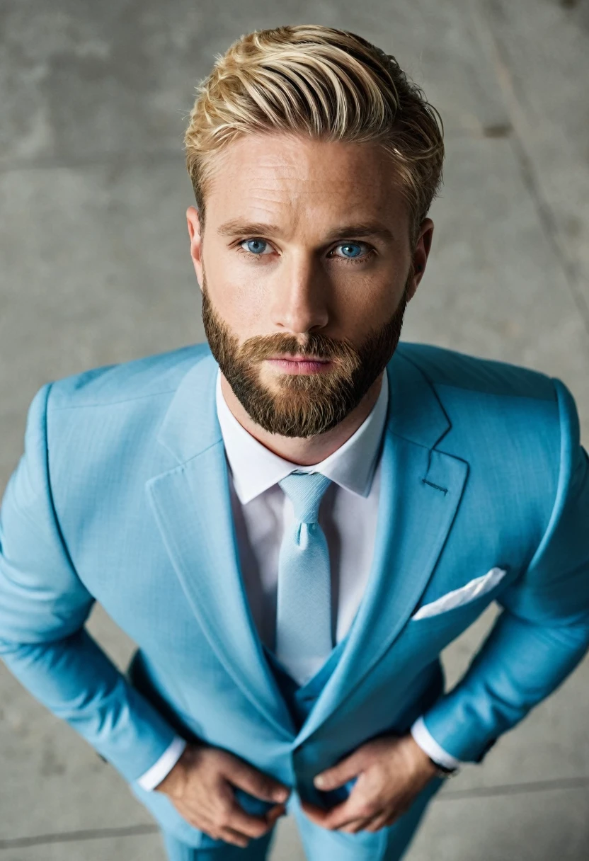 ((best quality)), 1 Men, short beard, slightly blonde hair, wearing light blue suit, half of the body seen from above, he is in doubt 