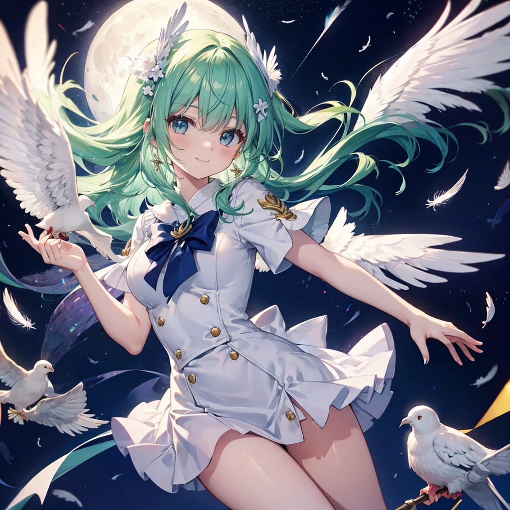 (((Archangel)))　((fluffy feathers　smile　Big feather　bow))，((White Dove　Big full moon))，(End of the Galaxy　shooting star　Sailor suit　Shiny Earrings　Green Hair　Long Hair)，　Shining Edge　Shining Background