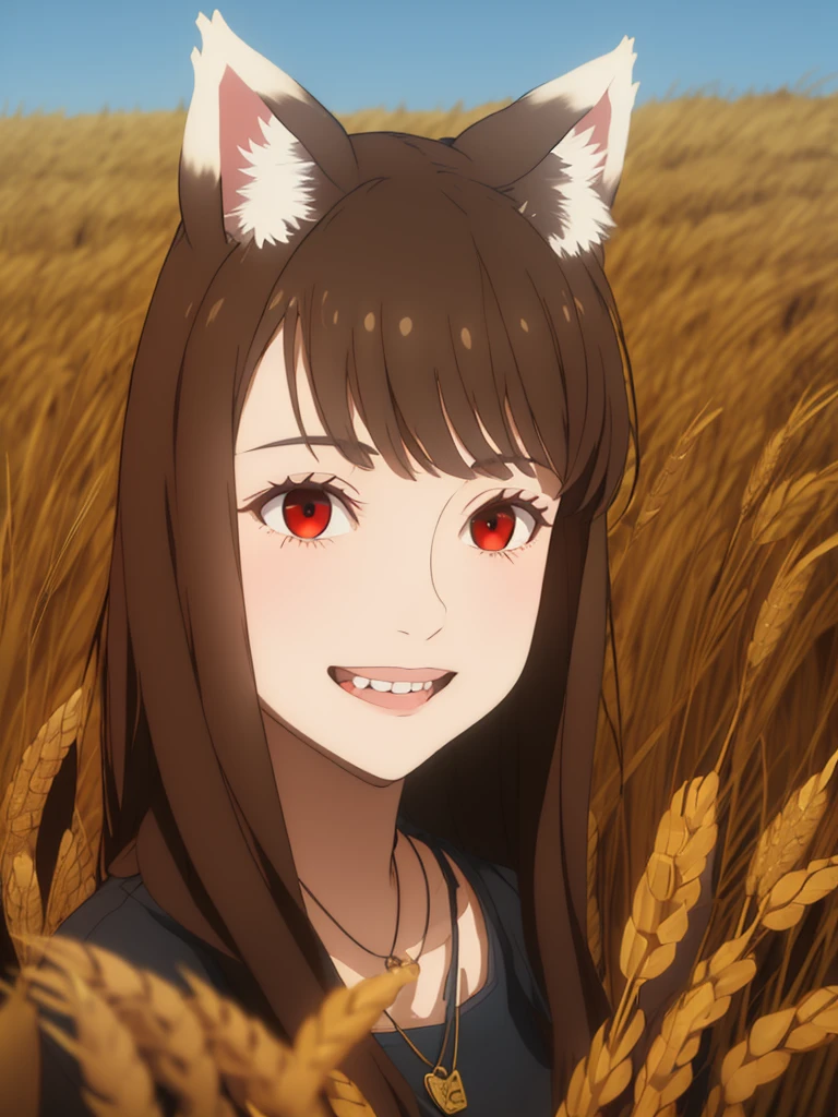 1girl, solo, masterpiece, best quality, illustration, absurdres, cute, film_grain, extremely detailed face, perfect lighting, light smile, full_body, long hair, brown hair, animal ears, red eyes, wolf tail, necklace, outdoors, plains, wheat,