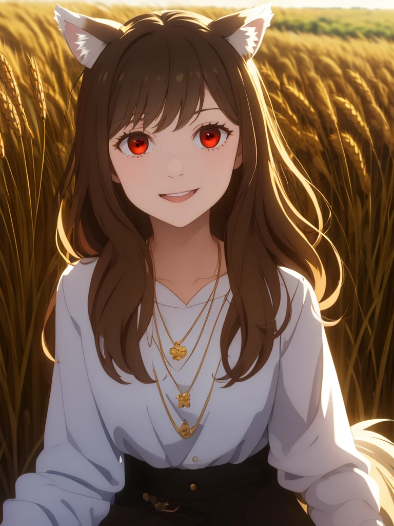 1girl, solo, masterpiece, best quality, illustration, absurdres, cute, film_grain, extremely detailed face, perfect lighting, light smile, full_body, long hair, brown hair, animal ears, red eyes, wolf tail, necklace, outdoors, plains, wheat,