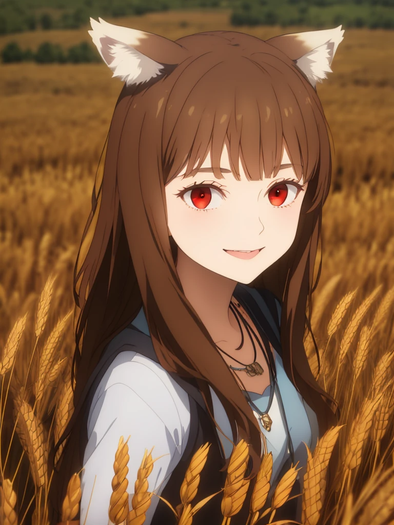 1girl, solo, masterpiece, best quality, illustration, absurdres, cute, film_grain, extremely detailed face, perfect lighting, light smile, full_body, long hair, brown hair, animal ears, red eyes, wolf tail, necklace, outdoors, plains, wheat,