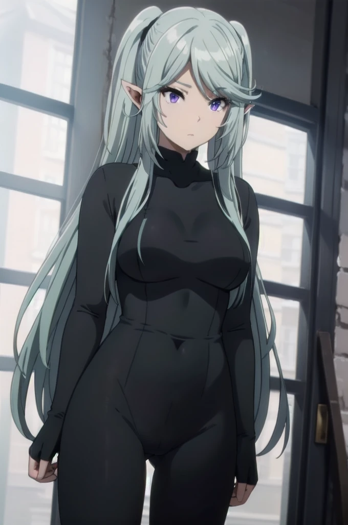 dark blue hair,,long hair,purple eyes,pointy ears,elf,((black tight body suit))