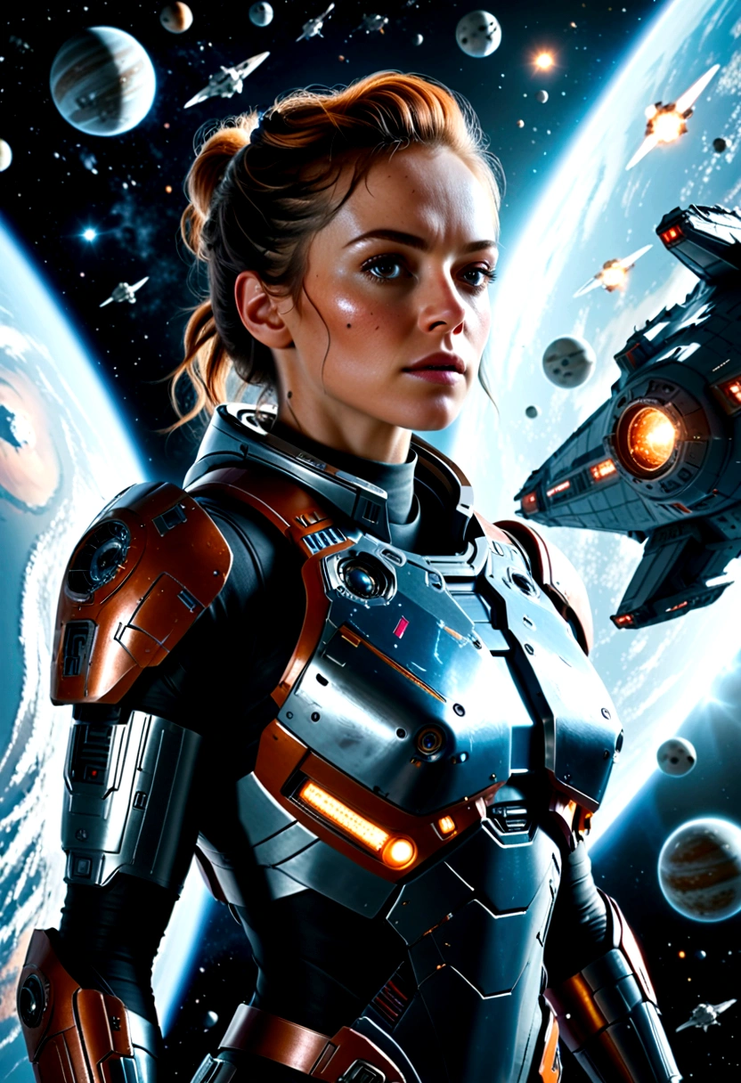 A female astronaut, extremely detailed and realistic, surrounded by gigantic starships engaged in an epic space battle, with detailed galactic conflict and photorealistic planets in the background, (best quality,4k,8k,highres,masterpiece:1.2),ultra-detailed,(realistic,photorealistic,photo-realistic:1.37),cinematic lighting,dramatic atmosphere,intense action,vibrant colors,dramatic pose,muscular body,highly detailed facial features,hyperrealistic space environment,large breasts,scifi,science fiction