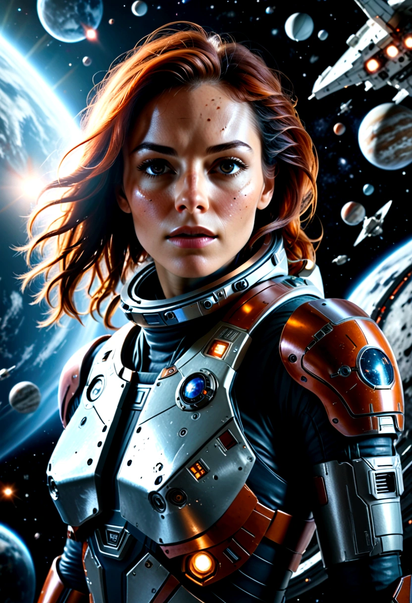 A female astronaut, extremely detailed and realistic, surrounded by gigantic starships engaged in an epic space battle, with detailed galactic conflict and photorealistic planets in the background, (best quality,4k,8k,highres,masterpiece:1.2),ultra-detailed,(realistic,photorealistic,photo-realistic:1.37),cinematic lighting,dramatic atmosphere,intense action,vibrant colors,dramatic pose,muscular body,highly detailed facial features,hyperrealistic space environment,large breasts,scifi,science fiction