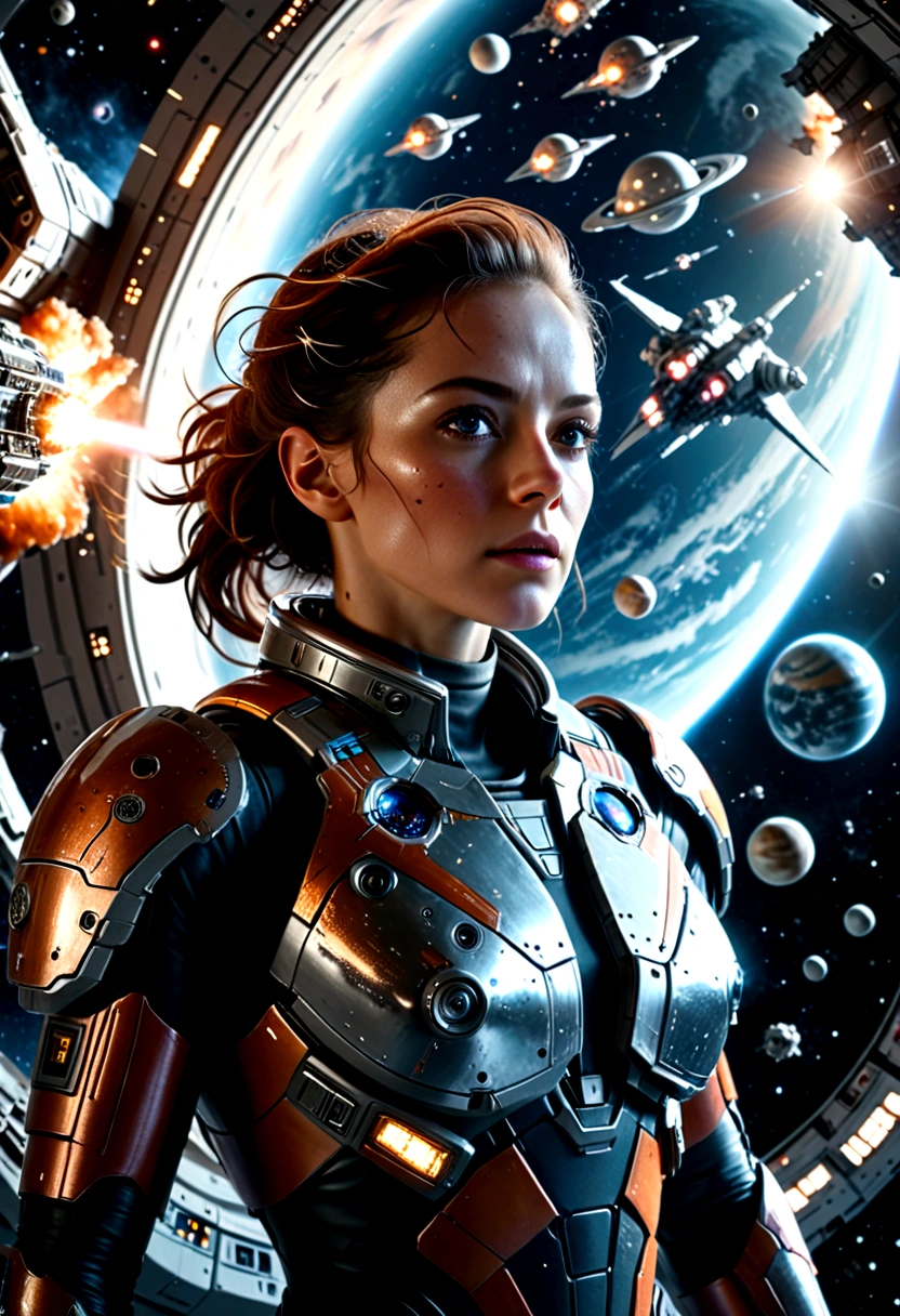 A female astronaut, extremely detailed and realistic, surrounded by gigantic starships engaged in an epic space battle, with detailed galactic conflict and photorealistic planets in the background, (best quality,4k,8k,highres,masterpiece:1.2),ultra-detailed,(realistic,photorealistic,photo-realistic:1.37),cinematic lighting,dramatic atmosphere,intense action,vibrant colors,dramatic pose,muscular body,highly detailed facial features,hyperrealistic space environment,large breasts,scifi,science fiction