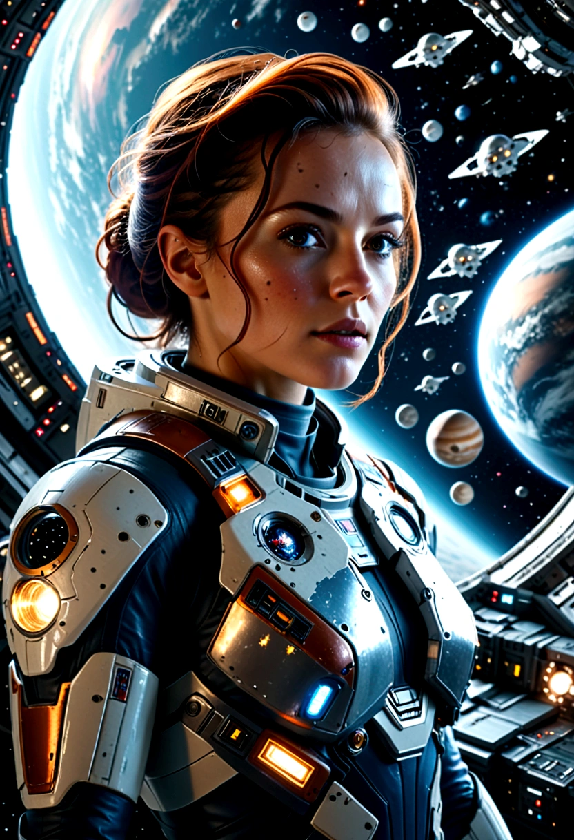 A female astronaut, extremely detailed and realistic, surrounded by gigantic starships engaged in an epic space battle, with detailed galactic conflict and photorealistic planets in the background, (best quality,4k,8k,highres,masterpiece:1.2),ultra-detailed,(realistic,photorealistic,photo-realistic:1.37),cinematic lighting,dramatic atmosphere,intense action,vibrant colors,dramatic pose,muscular body,highly detailed facial features,hyperrealistic space environment,large breasts,scifi,science fiction