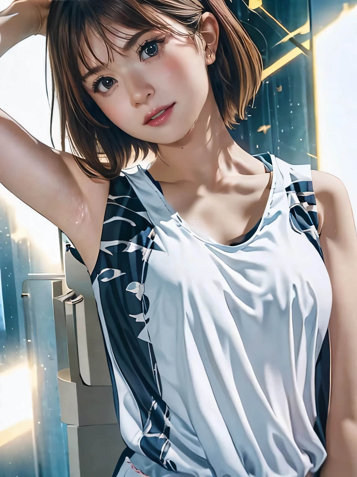 1girl, woman, 25 years old woman, girl in summer clothes, beautiful, medium breasts, flirtatious look, ((very detailed)), (perfectly detailed face), (well detailed hand), photorealistic image, high res, 1girl, woman, ((tanktop jersey:1.78)), looking at viewer:1.8, (1girl eyes looking at viewer:1.55), camisole, Upper body, Plain costumes, Simple Background, Emphasis on the chest, Hands behind the body, White outfit, photorealistic, (bokeh), best quality, 8k, UHD, UHD
