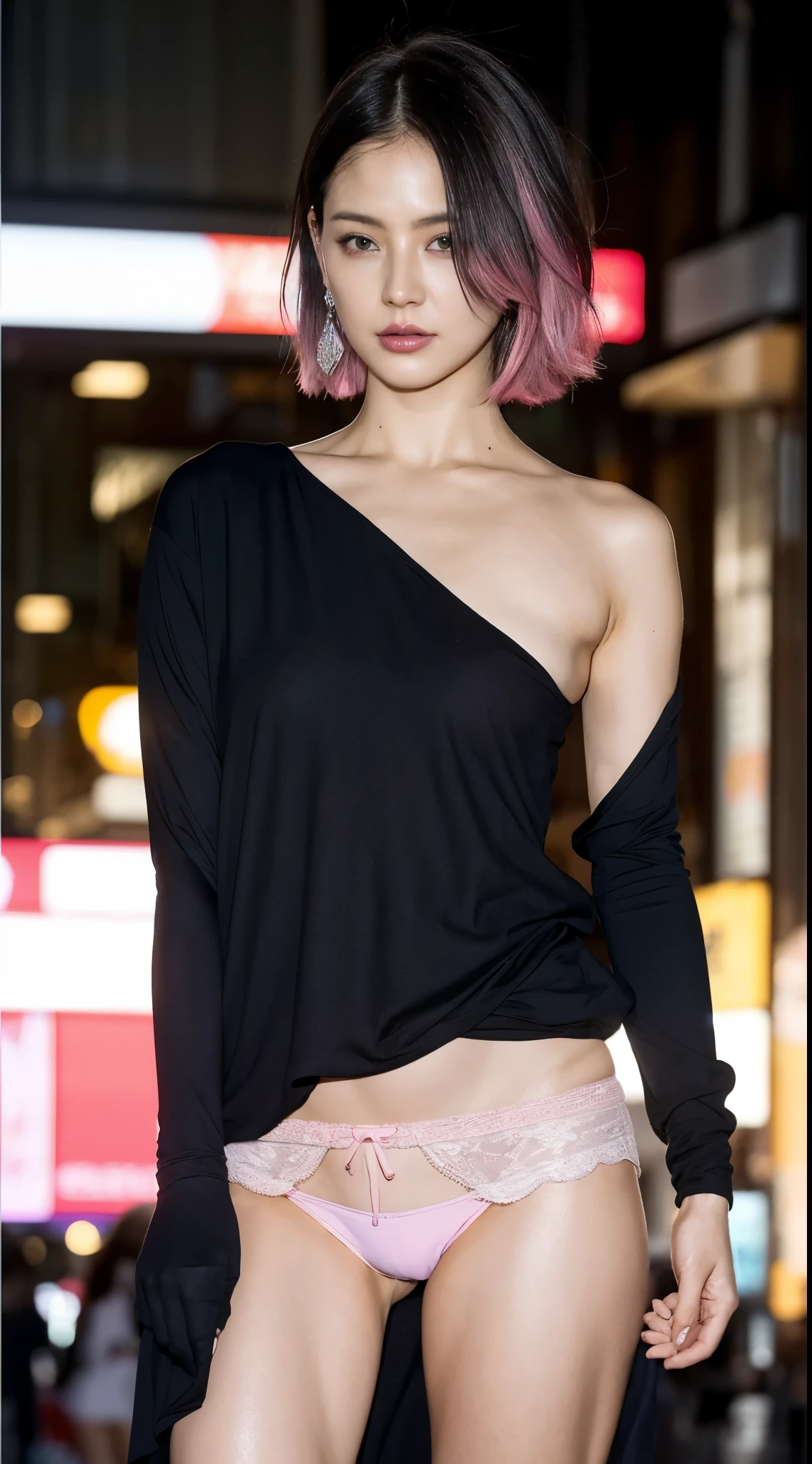 Angle from the front、Cowboy Shot、Ripped print T-shirt、City of night、((Emoガール))、((Emo))、bad woman、short, black, Shaggy Hair、Gradient Hair、(((Pink Panties)))、Big Breasts、In the background is the High Sokotl Cycle)))、Highest quality,(RAW Photos:1.2)、(Realistic:1.4),(High resolution:1.4), 1 Girl, Written boundary depth,, Exquisitely crafted,8K, Very detailed, Perfect lighting, Great background、((Delicate painting)),(の詳細なRAW Photos),(Highest quality:1.6), (超High resolution:1.5), (Realistic:1.75), 8K resolution, Canon EOS R5, 50mm, Very detailed,Cinema Lighting,Correct finger、((I can see very small panties))
