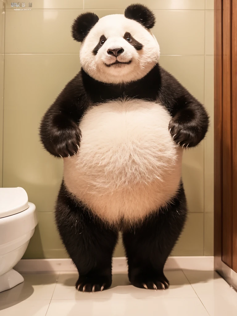 一只超级可爱的中国Giant panda standing on the toilet lid,Giant panda standing on the toilet lid,Humble and cute、Cute and adorable,Smile and look ahead,big eyes,Focus,Super HD