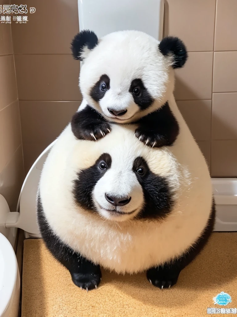 一只超级可爱的中国Giant panda standing on the toilet lid,Giant panda standing on the toilet lid,Humble and cute、Cute and adorable,Smile and look ahead,big eyes,Focus,Super HD