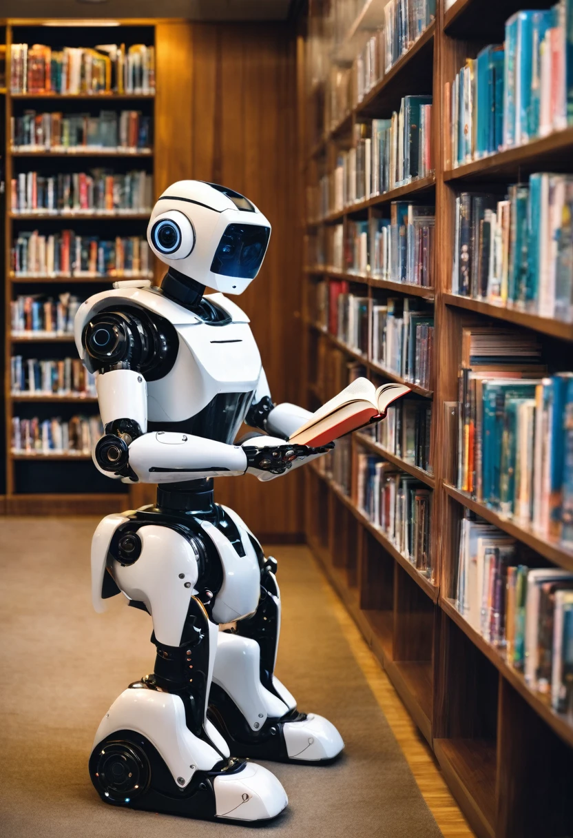 a robot reading a book inside a library