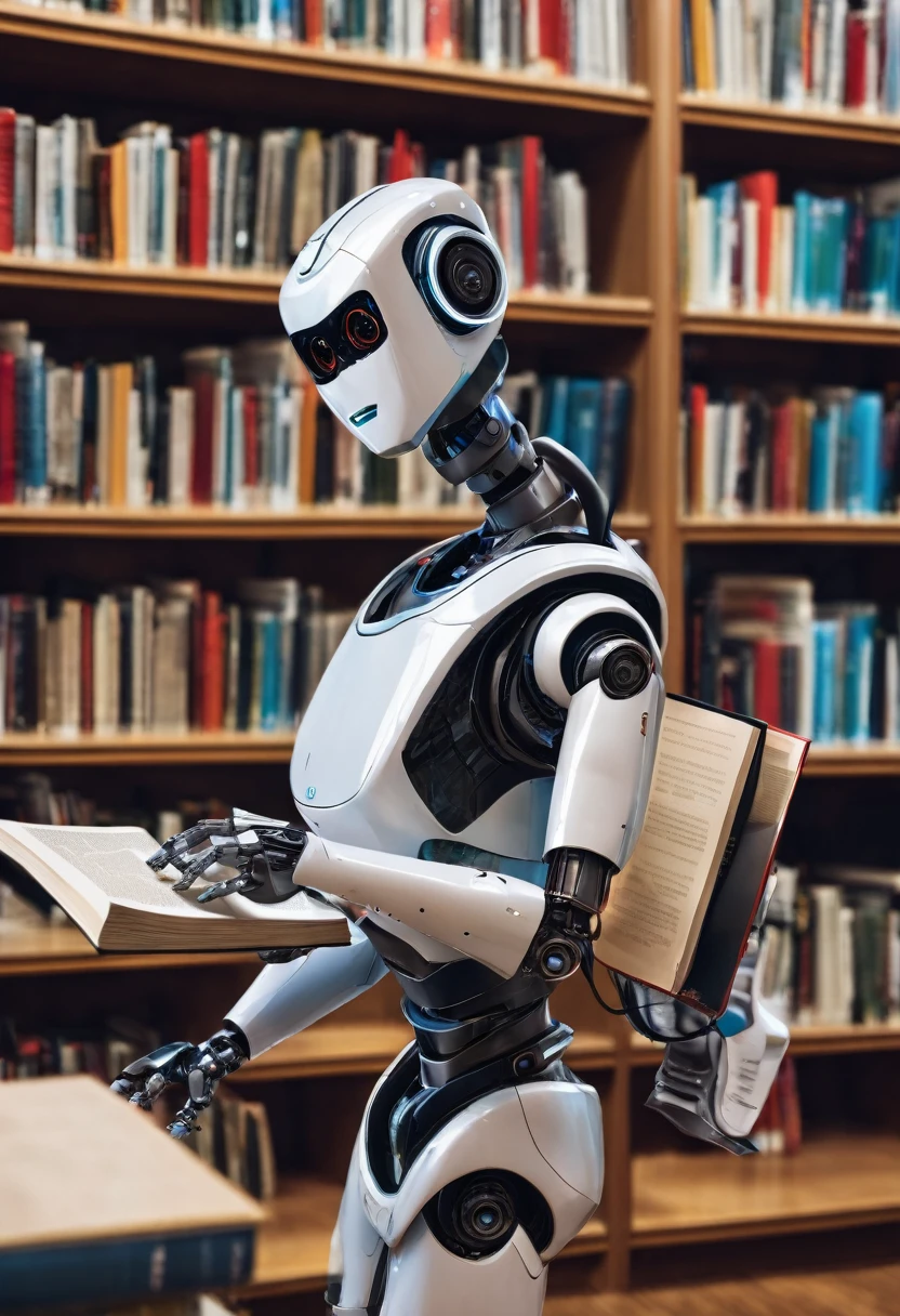 a robot reading a book inside a library