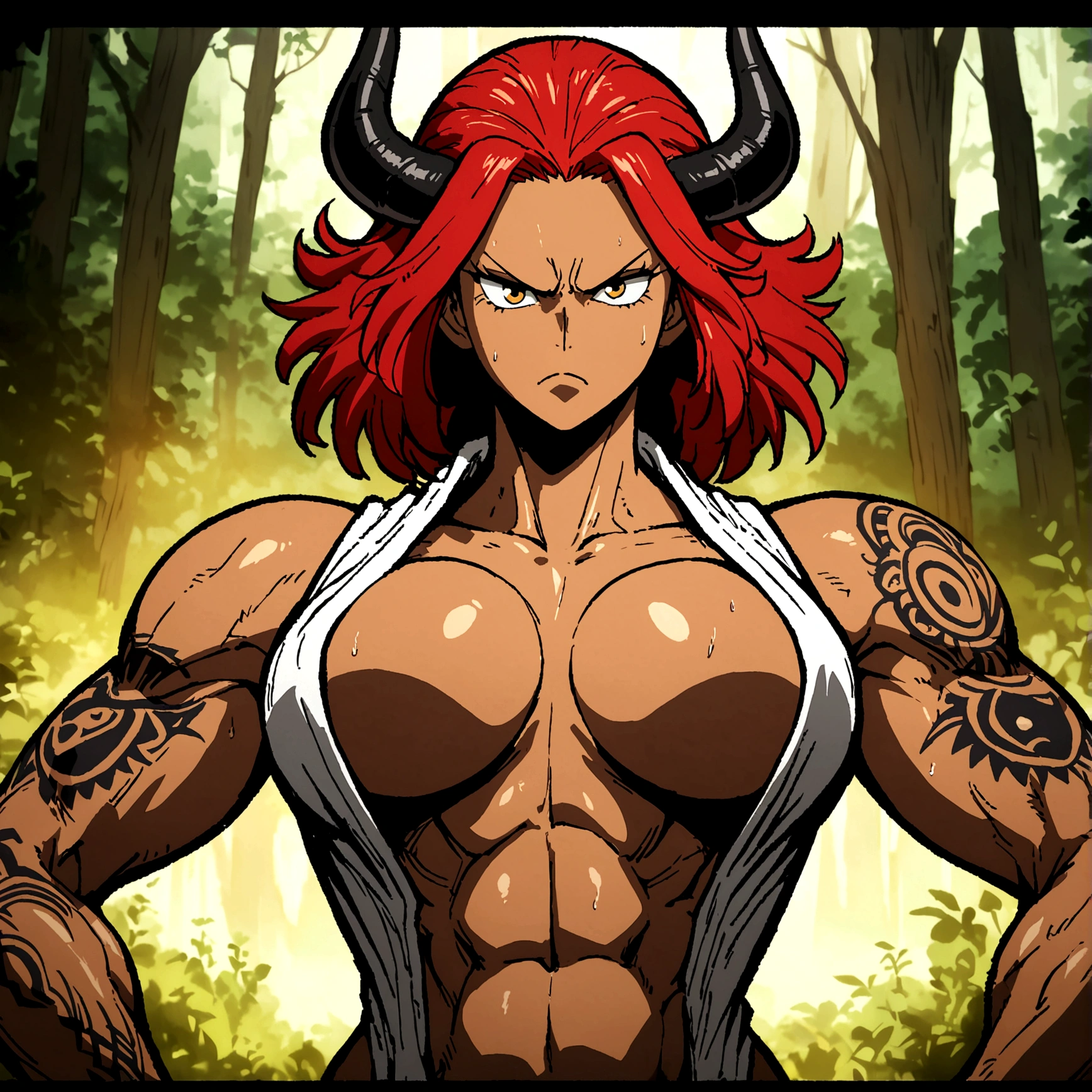 Female, dark skin, tall, muscular body, long red hair, serious expression, black horns, tribal tattoos, lumberjack outfit, forest background, ONE PIECE inspired anime lines, bathed in drama, incredible lighting, infused with creative details, ultra-fine 2D drawing, incredible scenery, bathed in creativity, boasting anime resolution clarity, anime graphics, high octane rendering