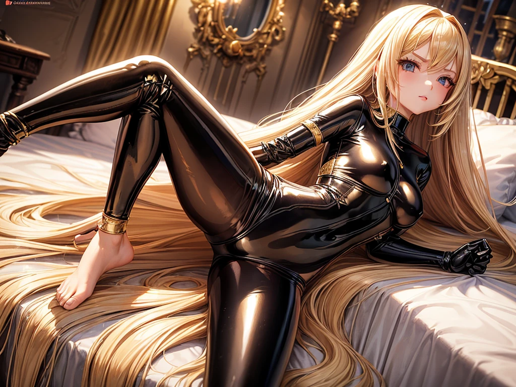 (depict girl in latex, long blond hair, straight hair), ((cute girly room)) , waiting on knees, small breasts, greed, clever, (latex leotard), bound with golden jowels, (breast points proudly forward), ((nice hipse)), (Masterpiece, Excellent, complex details), delicate girl, delicate face,