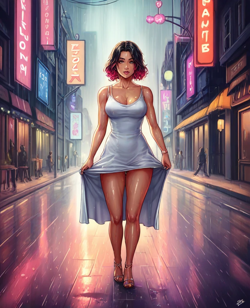 a beautiful cyborg woman, intricate details, masterpiece, absurdres, beautiful figure, slim body, magnificent anatomy, intricate details:1.12, HDR, intricate details, hyper-detailing:1.15, natural skin textures, hyper realistic, soft light, sharp:1.2, walking through a crowded city street, squatting, wet dress, performance, defile, cityscape, modern architecture, neon lights, rainy environment, reflective surfaces, dramatic lighting, heavy rain, raindrops, downpour, wet hair, wet pussy