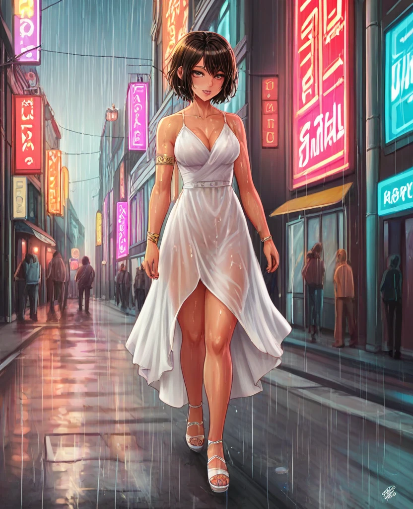 a beautiful cyborg woman, intricate details, masterpiece, absurdres, beautiful figure, slim body, magnificent anatomy, intricate details:1.12, HDR, intricate details, hyper-detailing:1.15, natural skin textures, hyper realistic, soft light, sharp:1.2, walking through a crowded city street, squatting, wet dress, performance, defile, cityscape, modern architecture, neon lights, rainy environment, reflective surfaces, dramatic lighting, heavy rain, raindrops, downpour, wet hair, wet pussy
