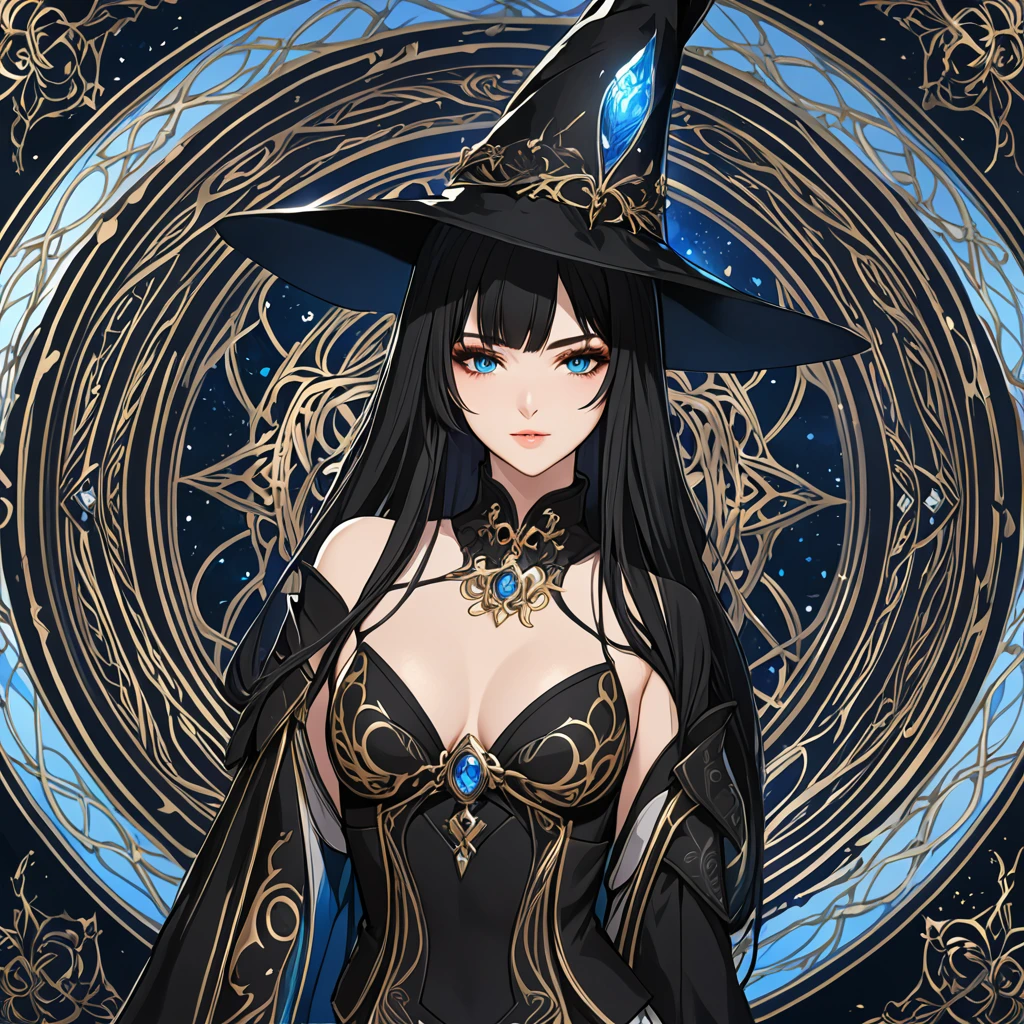 masterpiece, best quality, 1woman adult, female focus, solo, black hair, vibrant blue eyes, long hair, looking at viewer, closed mouth, bangs, Fantasy aesthetics, Highly detailed, shadowverse style, black attire, sorceress
