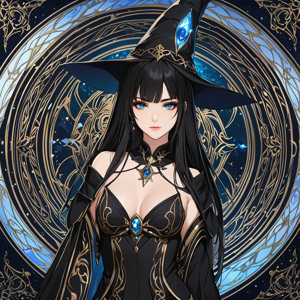 masterpiece, best quality, 1woman adult, female focus, solo, black hair, vibrant blue eyes, long hair, looking at viewer, closed mouth, bangs, Fantasy aesthetics, Highly detailed, shadowverse style, black attire, sorceress
