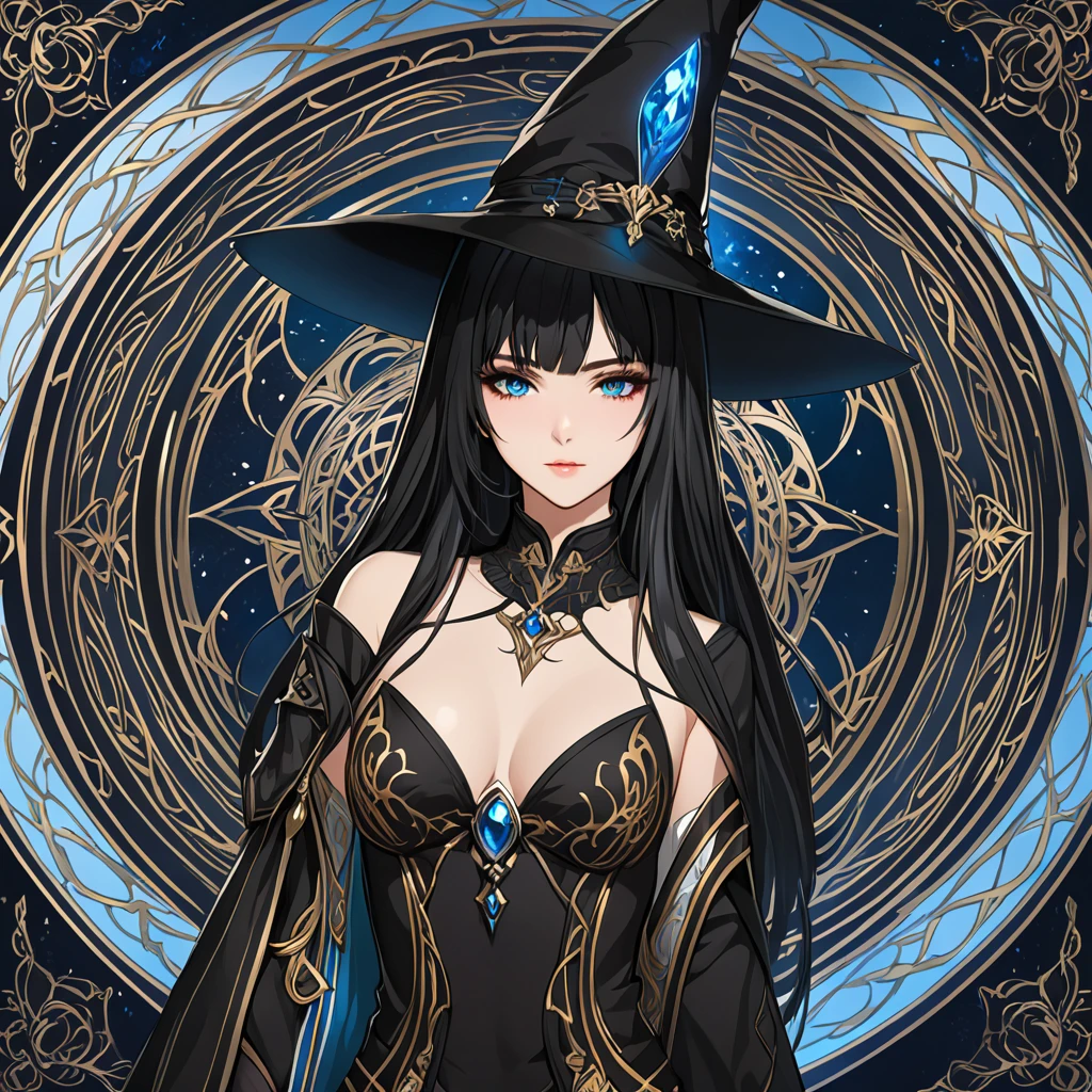 masterpiece, best quality, 1woman adult, female focus, solo, black hair, vibrant blue eyes, long hair, looking at viewer, closed mouth, bangs, Fantasy aesthetics, Highly detailed, shadowverse style, black attire, sorceress
