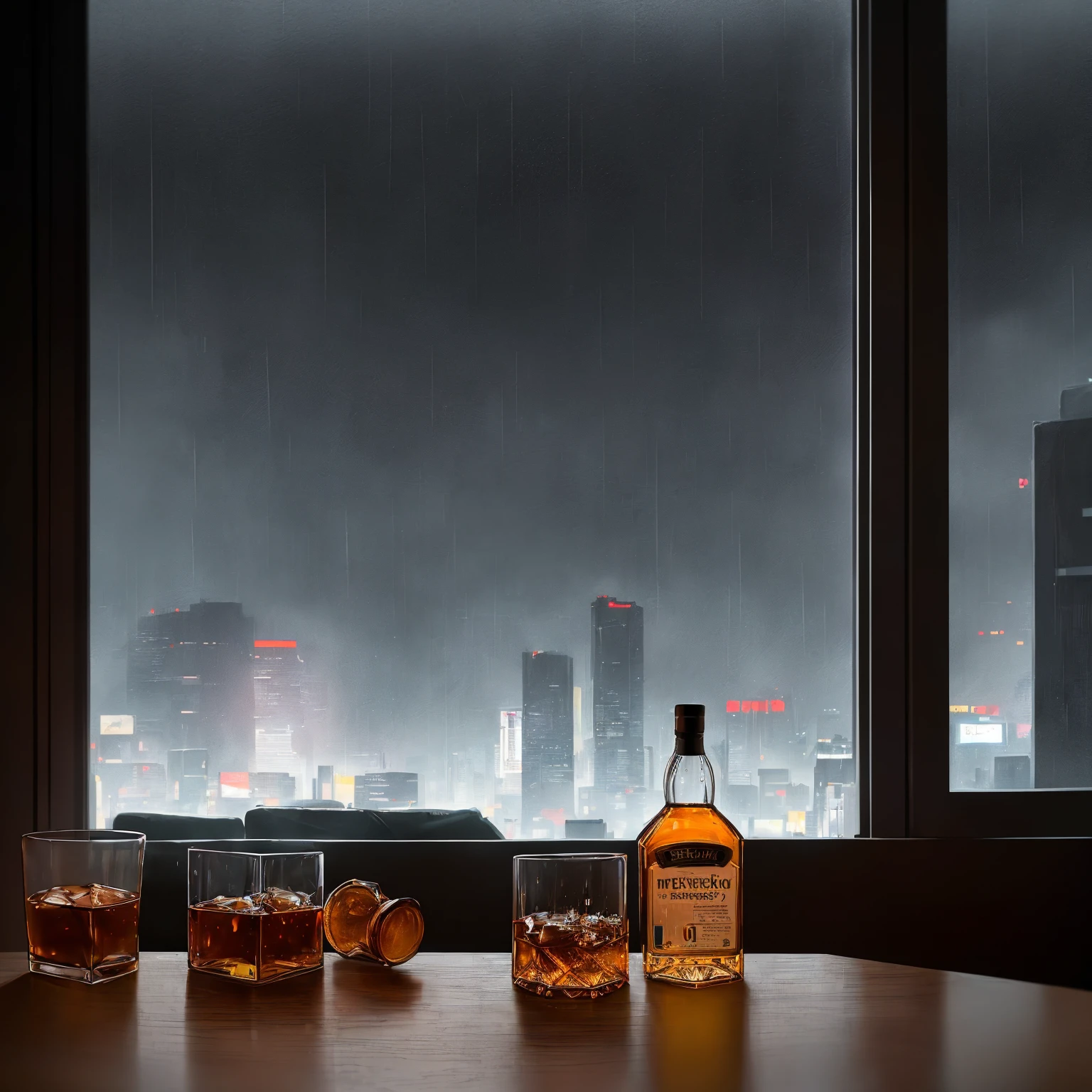 (masterpiece), (dark clouds), (cyberpunk living room), (indoor), (window), (rainy weather), (cyberpunk city), (realistic illustration), (cinematic), (looking out the window), (one liquor bottle and whiskey glass on table), (one planter)