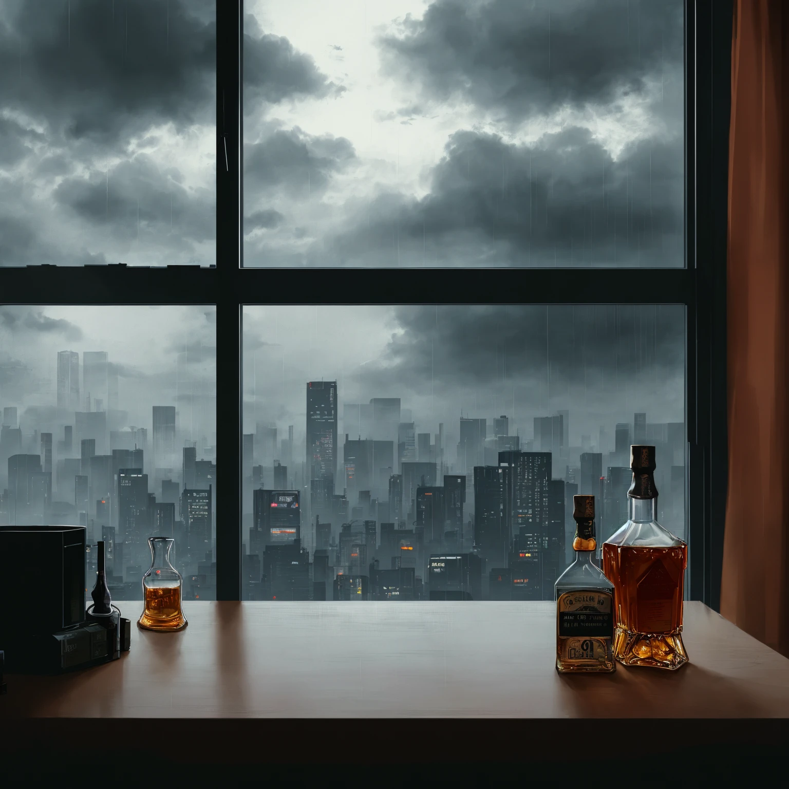 (masterpiece), (dark clouds), (cyberpunk living room), (indoor), (window), (rainy weather), (cyberpunk city), (realistic illustration), (cinematic), (looking out the window), (one liquor bottle and whiskey glass on table), (one planter)
