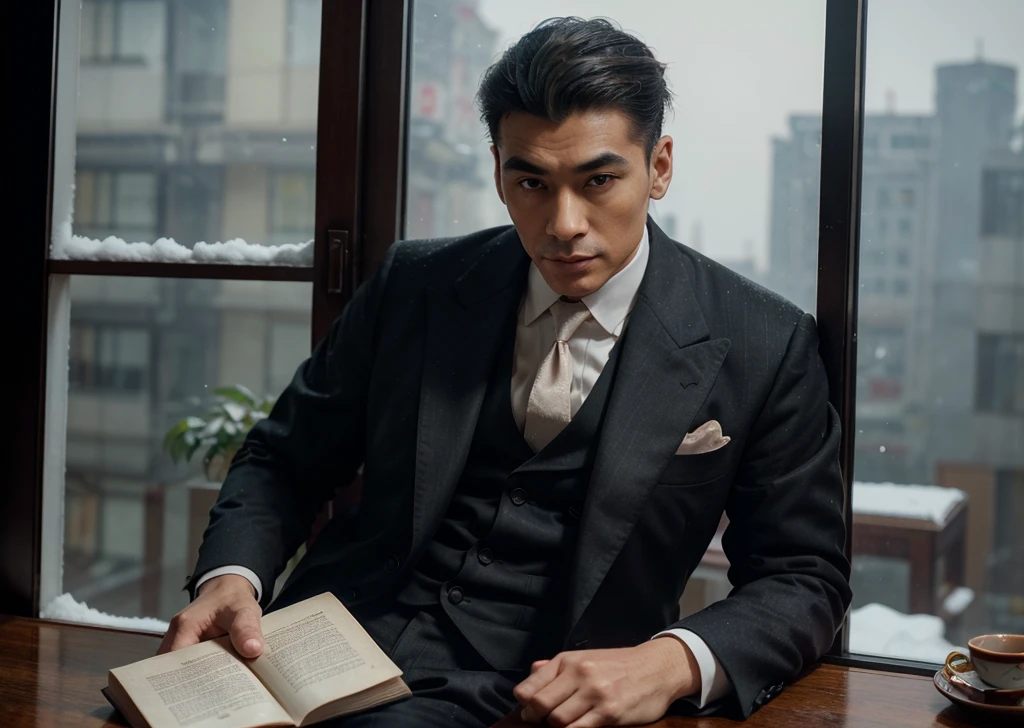 Hyperrealistic 8k high detail china 1920s china republican era shanghai gentleman with a small mole below left lip strong cheekbones, fair skin slightly tall nose, thick brows, monolid, elegant long eye tail, defined square jaw, cupids bow medium thickness medium width lips, dark vintage suit, side view, body sitting behind shadowy window, face tipped to the right facing window and watching the expanse of shanghai falling snow, with only a book on his lap