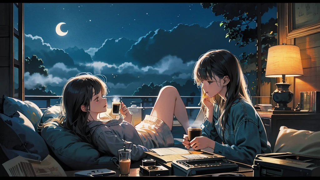 night、Moon and light、healing、lo-fi、Tranquility、Cassette tape recorder、record、A woman relaxing with a cup of steaming coffee