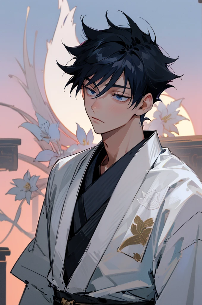 top quality :(top quality),(top quality),(masterpiece),(detailed), perfect face,(detailed),(detailed), perfect face,(detailed), perfect face,(detailed), perfect face,(detailed), perfect face,(detailed),(detailed) fushiguro megumi, 1 boy, male, youth, pale ager, white roses, white kimono, black haori, brads, low screen contrast, high brightness, short black hair, bangs, hair between eyes, dark blue eyes, High quality right and left eyes, high pupil accuracy, kimono, full moon.