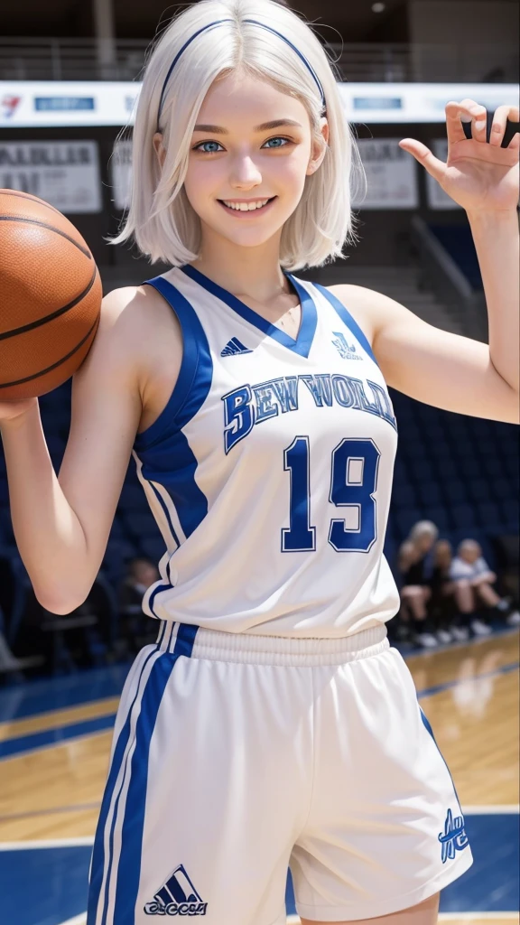 Basketball player,  16 year old girl with white hair, white skin and blue eyes, smiling 