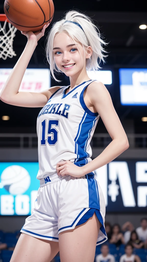 Basketball player, 16 year old girl with white hair, white skin and blue eyes, smiling